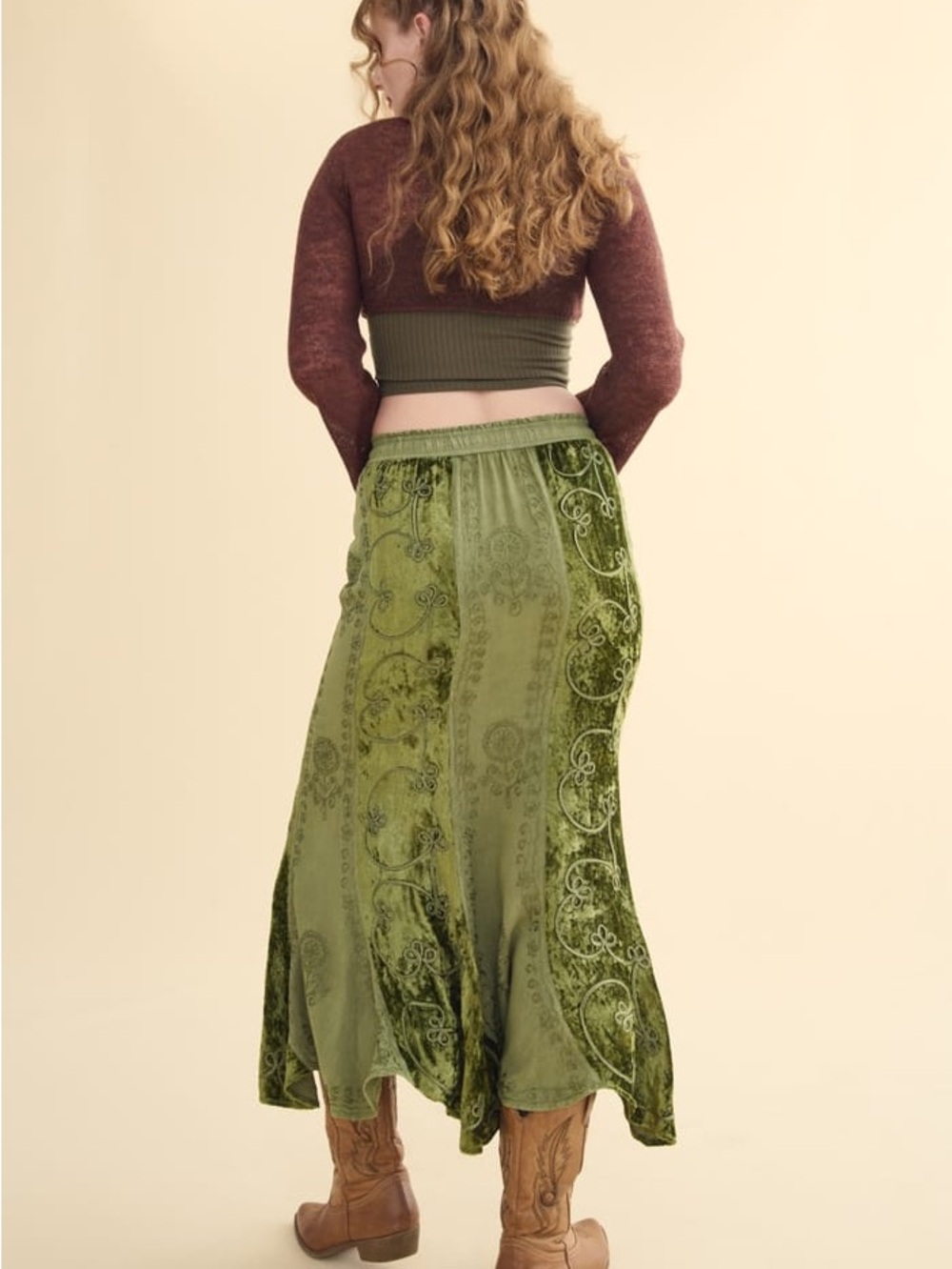EARTHBOUND Olive Panel Velvet Maxi Skirt - Picture 2 of 10